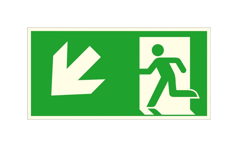 Fluchtwegschild - langnachleuchtend - Notausgang links, schräg abwärts (Kombischild)