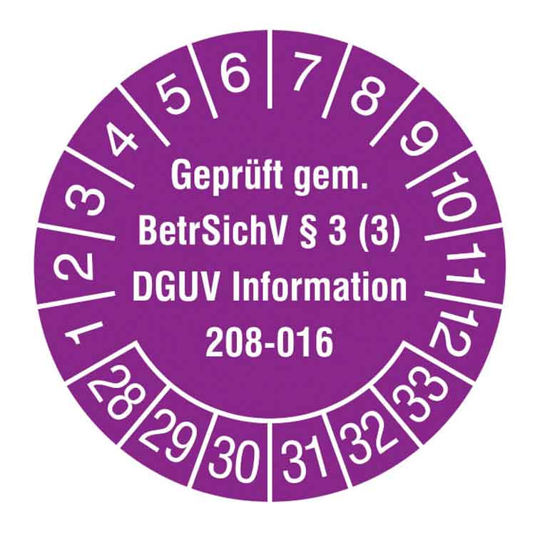Prüfplakette - Geprüft gem. BetrSichV §3 (3) - DGUV Information 208-016 - in Jahresfarbe