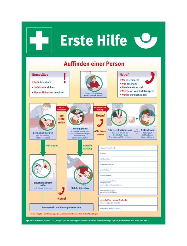 Aushang - Berufsgenossenschaft - Anleitung zur Ersten Hilfe bei Unfällen