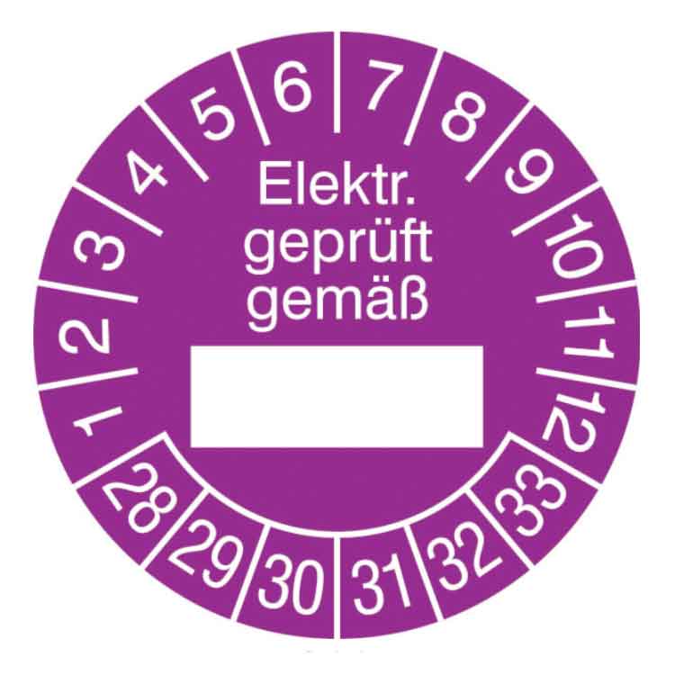 Prüfplakette Elektr. geprüft gemäß in Jahresfarbe