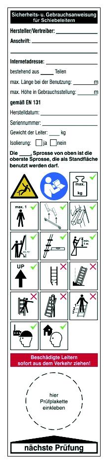 Grundplakette und Gebrauchsanweisung auf Bogen - für Schiebeleitern