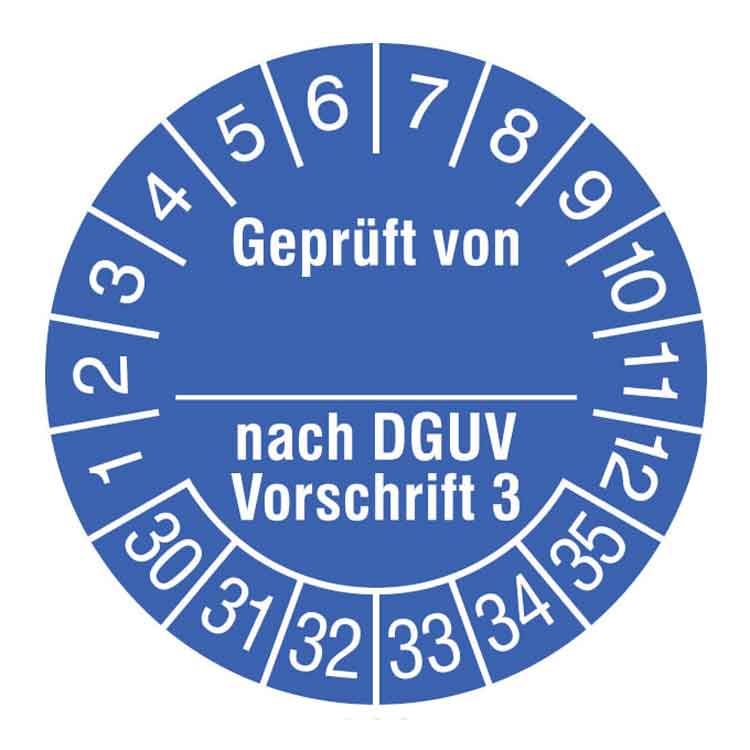Prüfplakette - Geprüft von ... nach DGUV Vorschrift 3 - in Jahresfarbe - Dokumentenfolie