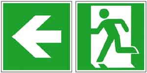 Fluchtwegschild und Zusatzschild nach links gehen