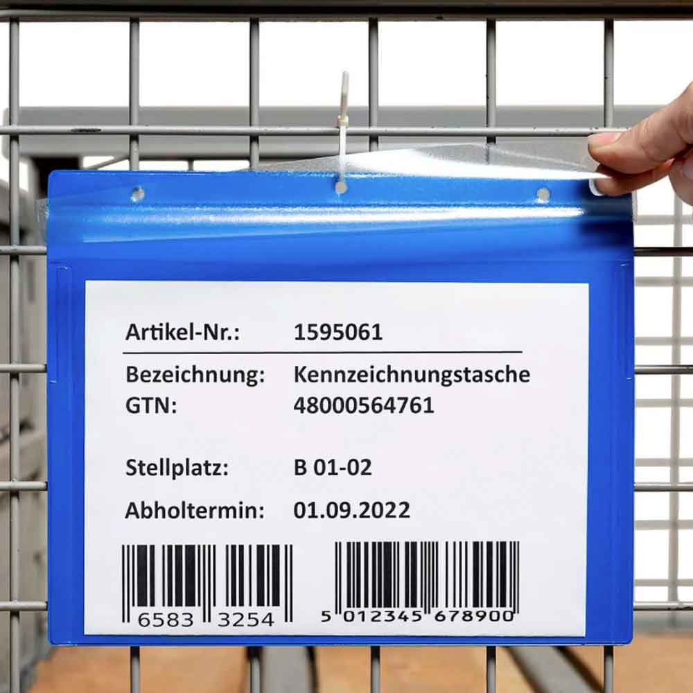 Kennzeichnungstaschen mit Aufhängelochung und zusätzlicher Klappe - DIN A4 quer - 4 Farben