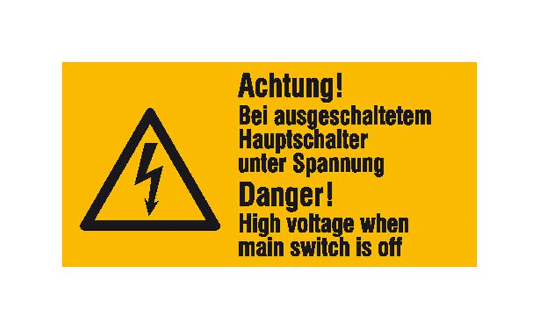 Warn-Kombischild - Achtung! Bei ausgeschaltetem Hauptschalter unter Spannung - Mehrsprachig