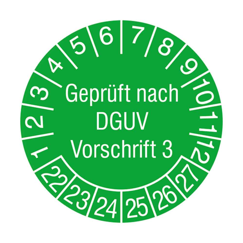 Prüfplakette auf Bogen - Geprüft nach DGUV Vorschrift 3
