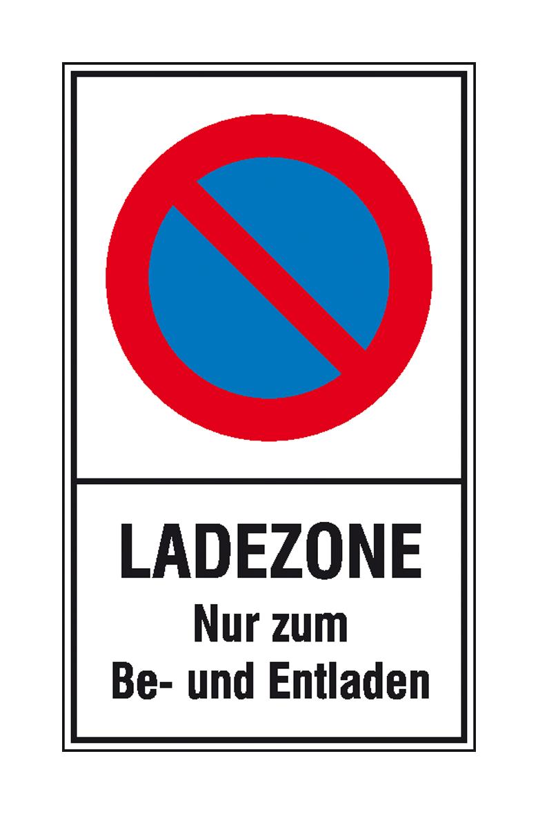 Haltverbot-Kombischild - Symbol: Eingeschränktes Haltverbot - Text: Ladezone Nur zum Be- und Entladen