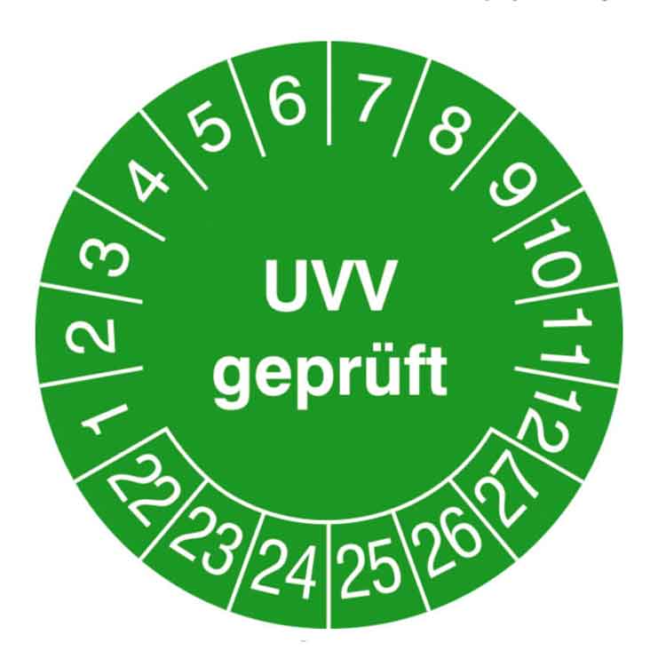 Prüfplakette - UVV geprüft - in Jahresfarbe - Dokumentenfolie