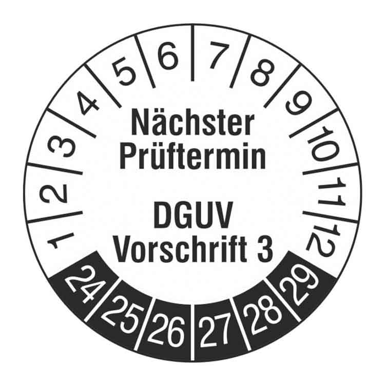 Prüfplakette - Nächster Prüftermin DGUV Vorschrift 3 - Weiss/Schwarz - PVC-Folie