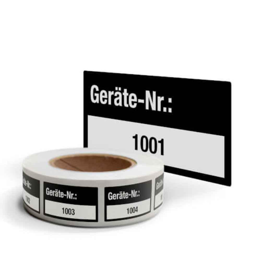 Inventar-Etikett - Geräte-Nr.: - fortlaufend nummeriert 1001-2000 - VOID-Folie auf Rolle