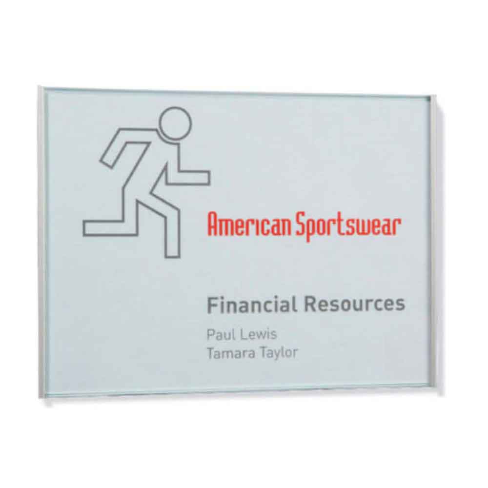 FRAME Türschild - flache Bauweise - Sicherheitsglas - seitliche Führungsschienen aus Aluminium FRAME Türschild - flache Bauweise - Sicherheitsglas - seitliche Führungsschienen aus Aluminium