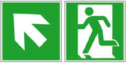 Fluchtwegschild und Zusatzschild aufwärts gehen nach links