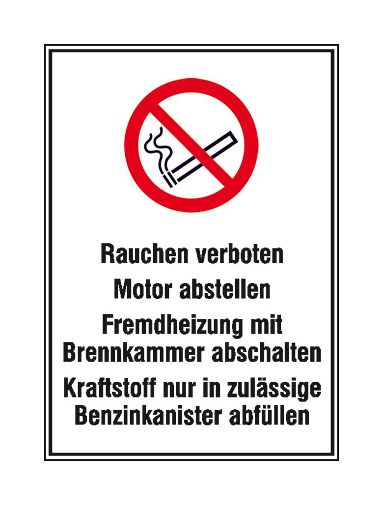 Hinweisschild für Tankanlagen und Garagen - Warnhinweise - Symbol - Text: Rauchen verboten ...