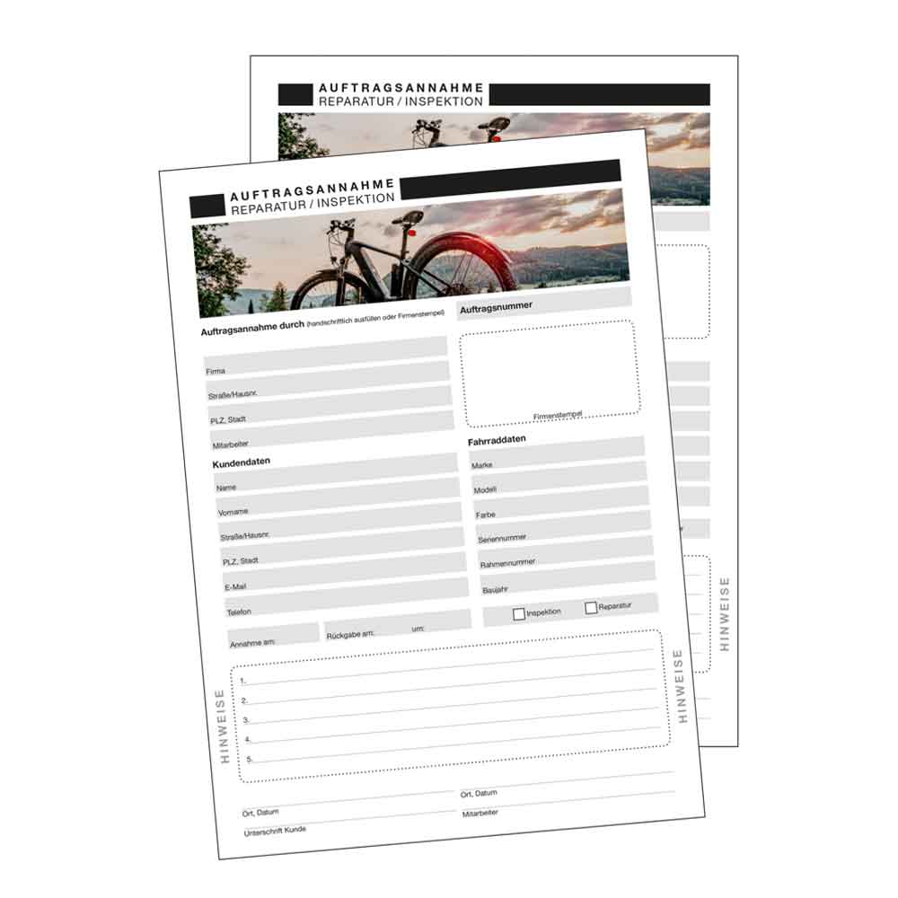 Fahrrad- Werkstatt - Formular Auftragsannahme für Reparatur / Inspektion
