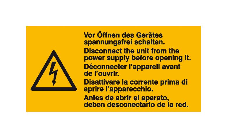 35-10-440-0-10-058-warn-kombischild-auf-bogen-vor-offnen-des-gerates-spannungsfrei-schalten-300655-176087 Warn-Kombischild auf Bogen - Vor Öffnen des Gerätes spannungsfrei schalten - Mehrsprachig