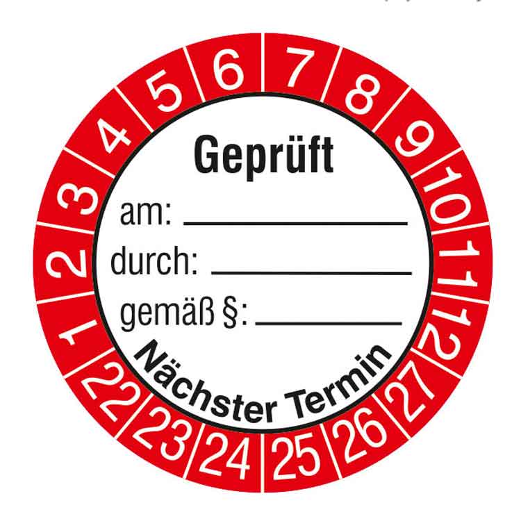 Prüfplakette - Geprüft am ... durch ... gemäß ... - Dokumentenfolie - Weiss/Rot/Schwarz