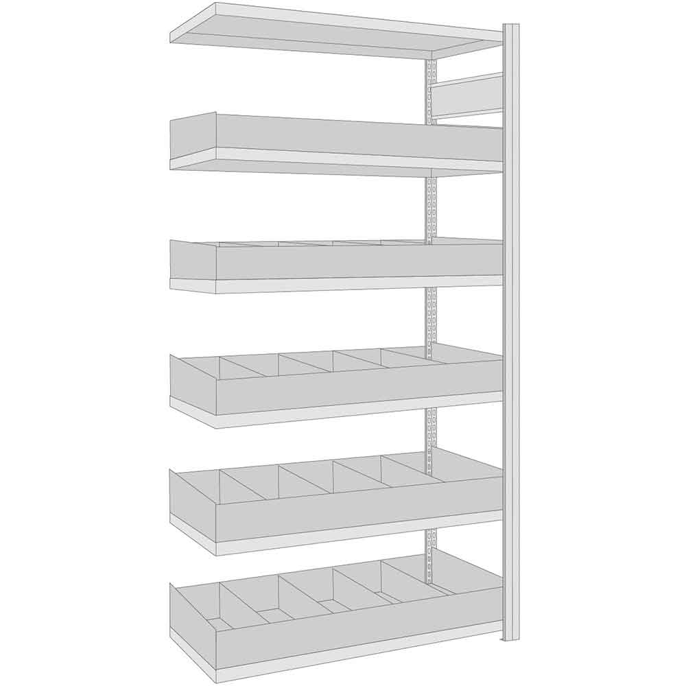 BERT-Kleinteileregal mit Schüttensets - Anbauregal - H 2000 x T 600 mm - in 3 Breiten - 6 Lagerebenen - Stahlfachböden - 150 kg