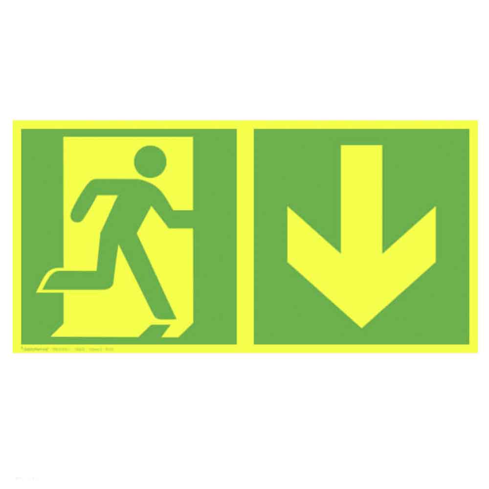 Fluchtwegschild PLUS - Notausgang rechts mit Zusatzzeichen: Richtungsangabe abwärts