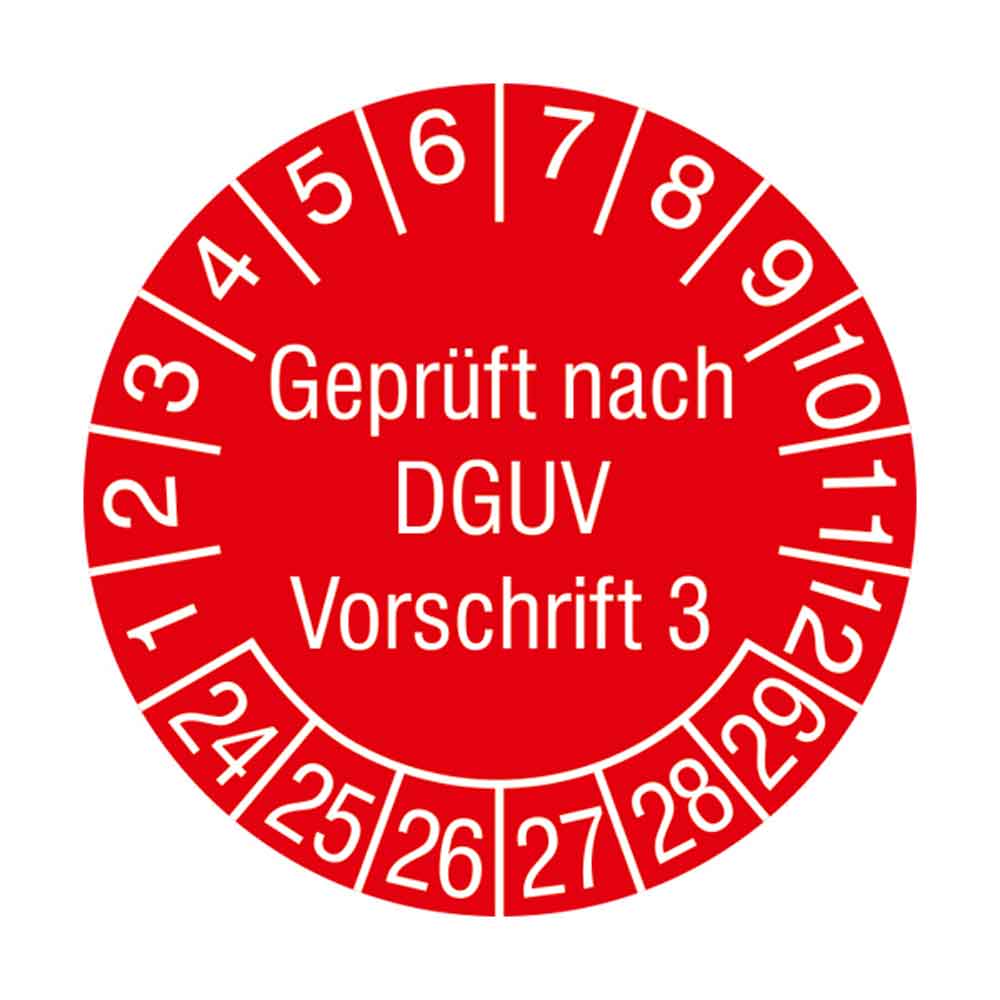 Prüfplakette auf Rolle - Geprüft nach DGUV Vorschrift 3