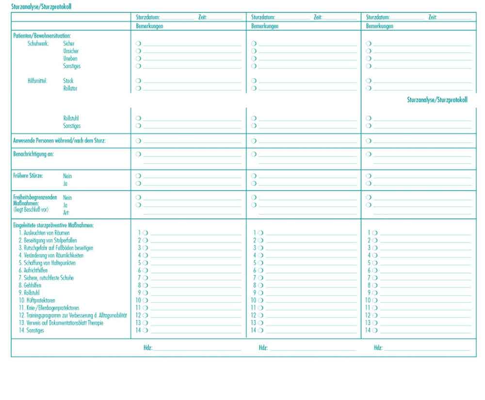 Formular "Sturzanalyse/-protokoll" - Zubehör für Dokumentationsmappen Formular "Sturzanalyse/-protokoll" - Zubehör für Dokumentationsmappen