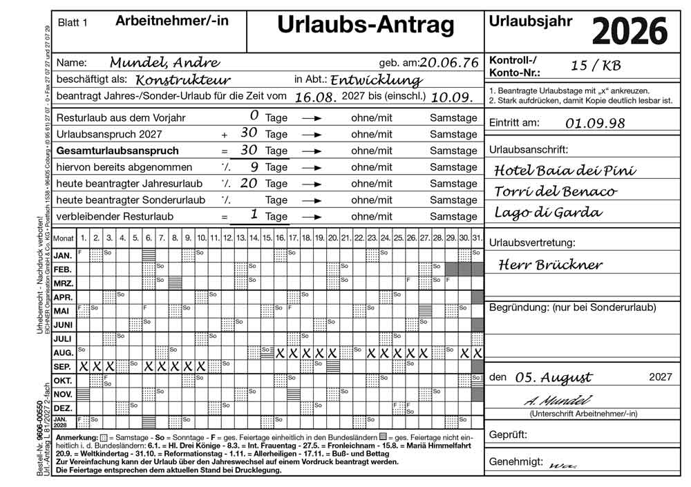 Urlaubsantrag 2-fach und 3-fach