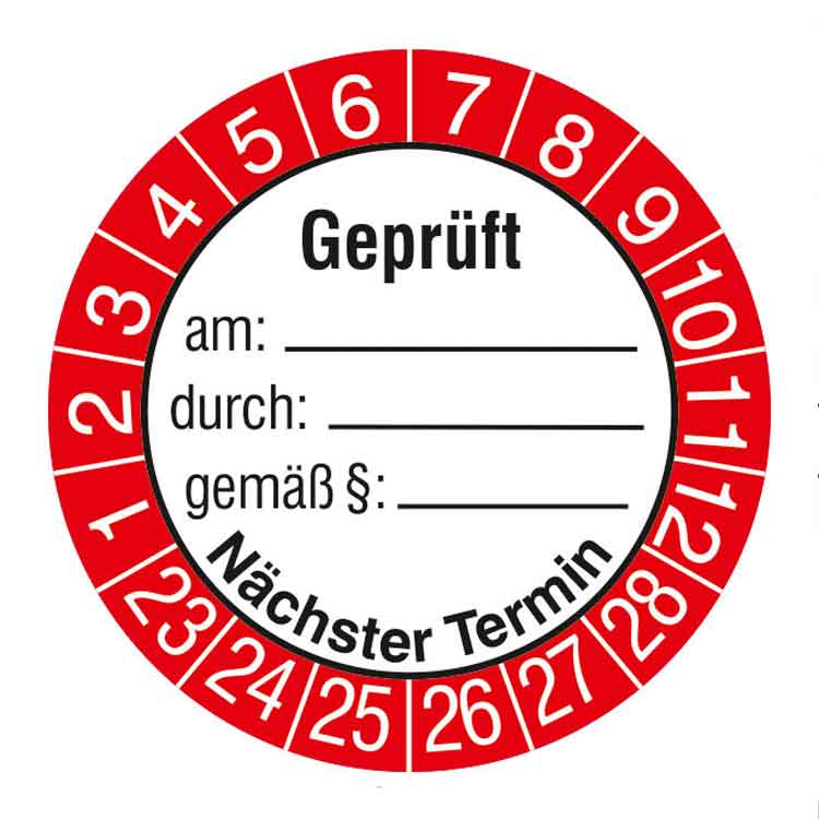 Prüfplakette - Geprüft am ... durch ... gemäß ... - Dokumentenfolie - Weiss/Rot/Schwarz