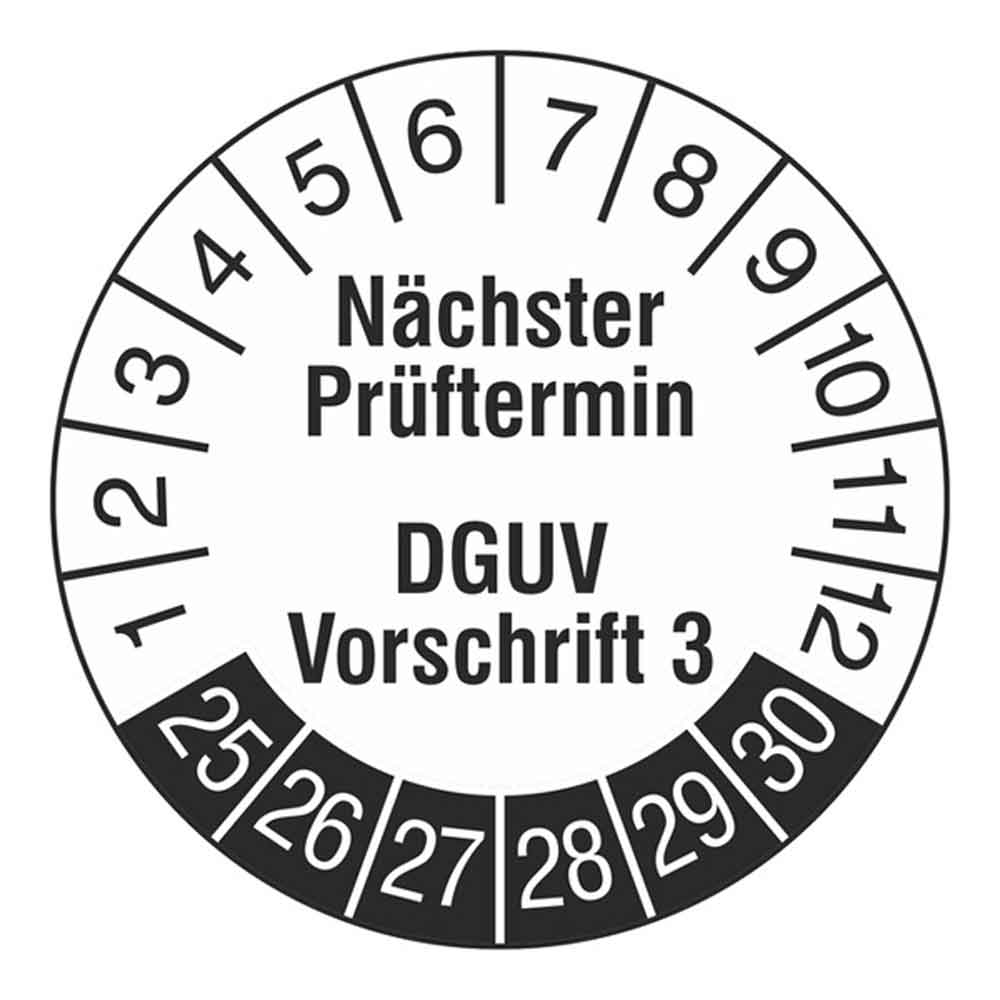 Prüfplakette auf Rolle - Nächster Prüftermin - DGUV Vorschrift 3 - Weiss/Schwarz