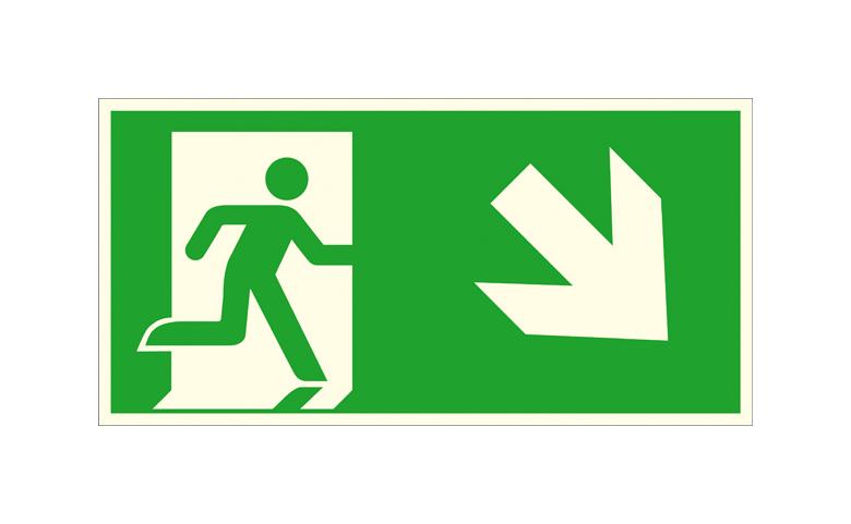 Fluchtwegschild - langnachleuchtend - Notausgang rechts, schräg abwärts (Kombischild)