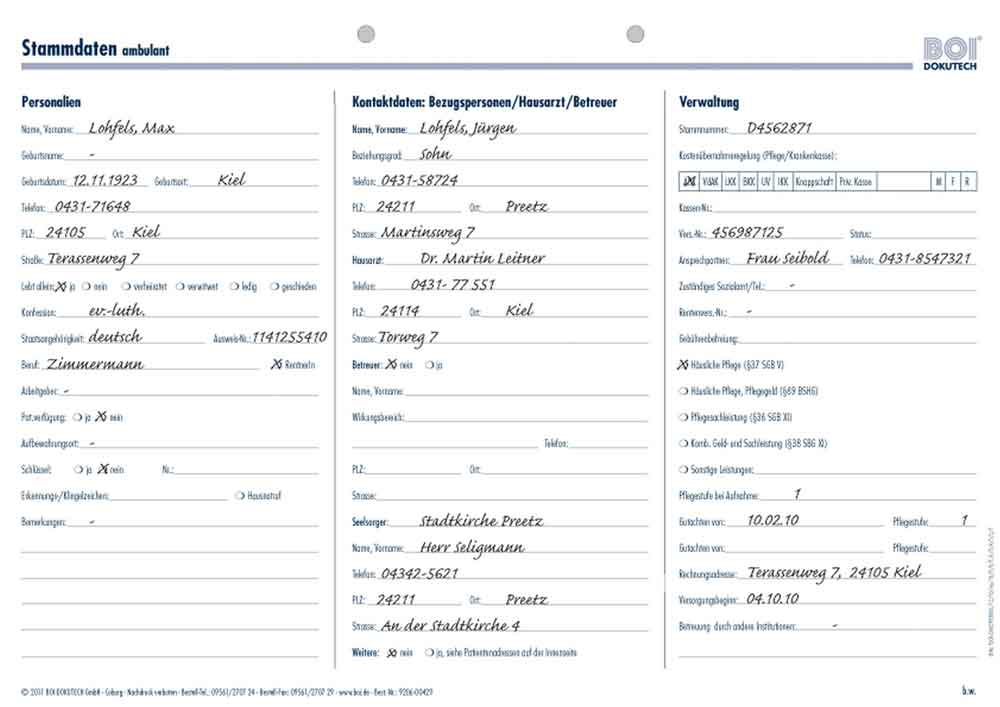 Formular "Stammdaten ambulant" - Zubehör für Dokumentationsmappen Formular "Stammdaten ambulant" - Zubehör für Dokumentationsmappen