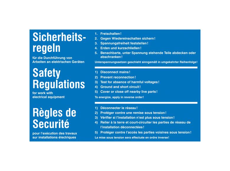 Hinweisschild - Elektrotechnik - 5 Sicherheitsregeln - Mehrsprachig