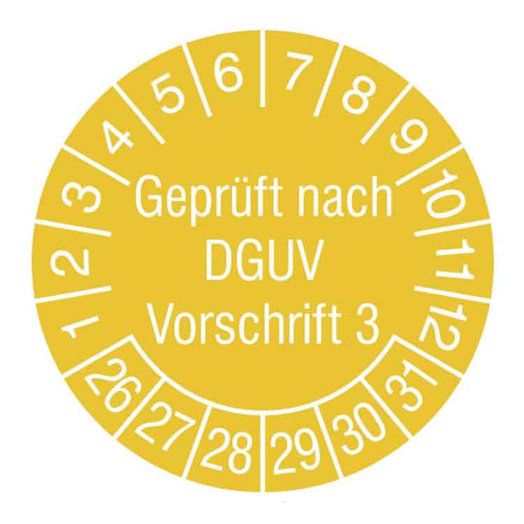 Prüfplakette Geprüft nach DGUV Vorschrift 3 - in Jahresfarbe - Dokumentenfolie