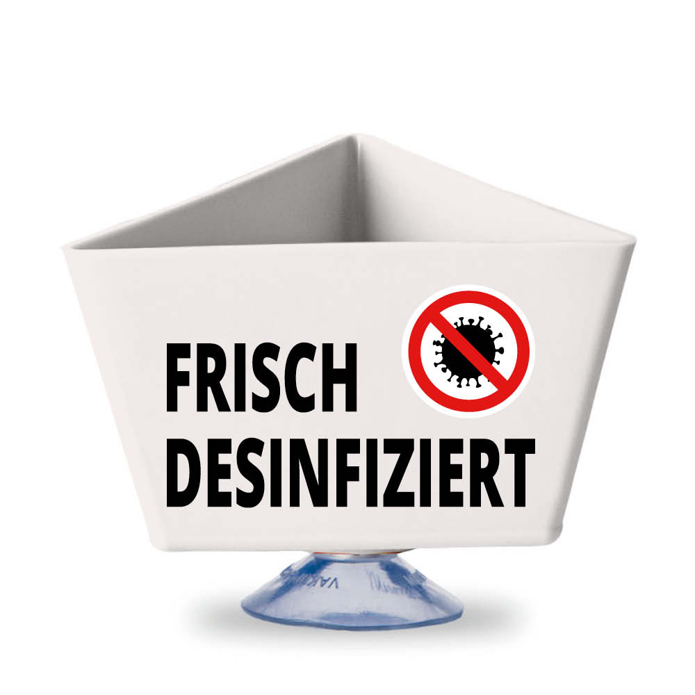 Leitzahlenträger - Text und Motiv: "FRISCH DESINFIZIERT" - mit Saugnapf - 11 Farben