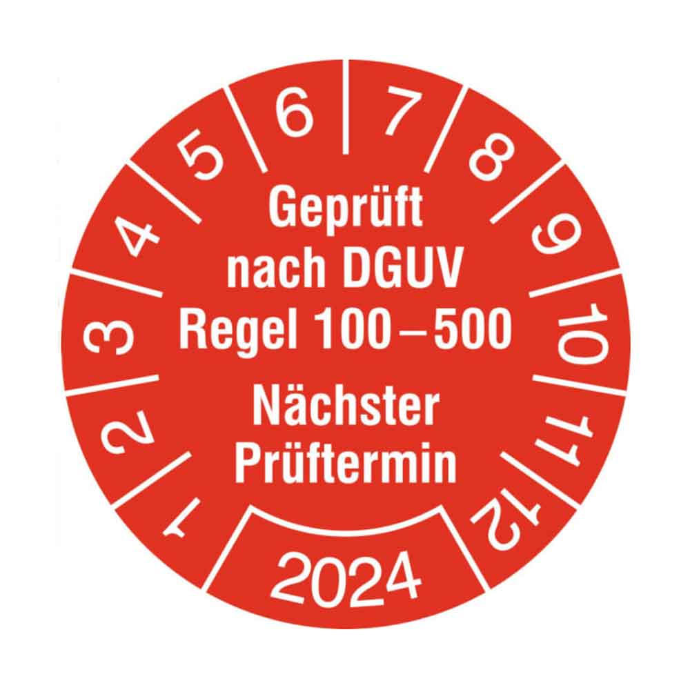 Prüfplakette auf Bogen - Geprüft nach DGUV Regel 100-500 - Nächster Prüftermin