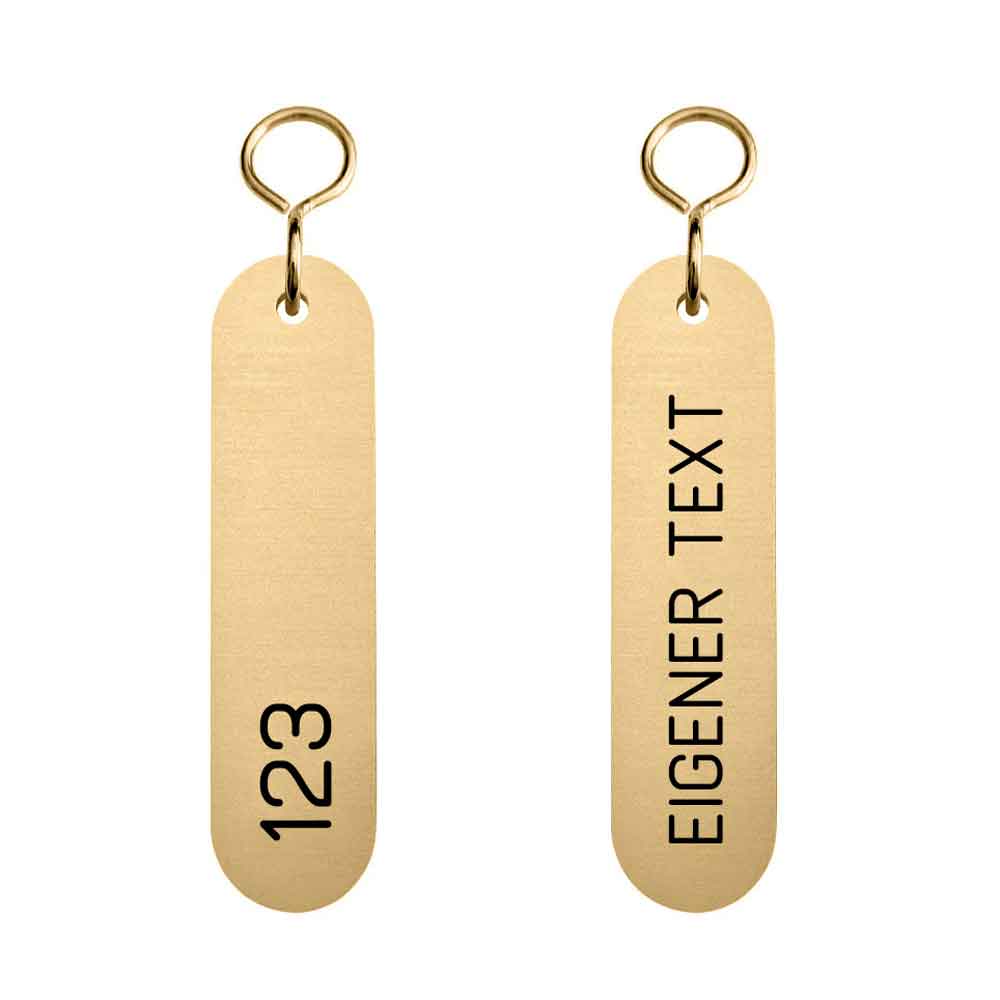Schlüsselanhänger aus Messing in Langform mit S-Haken - 1-zeiliger Text schwarz graviert