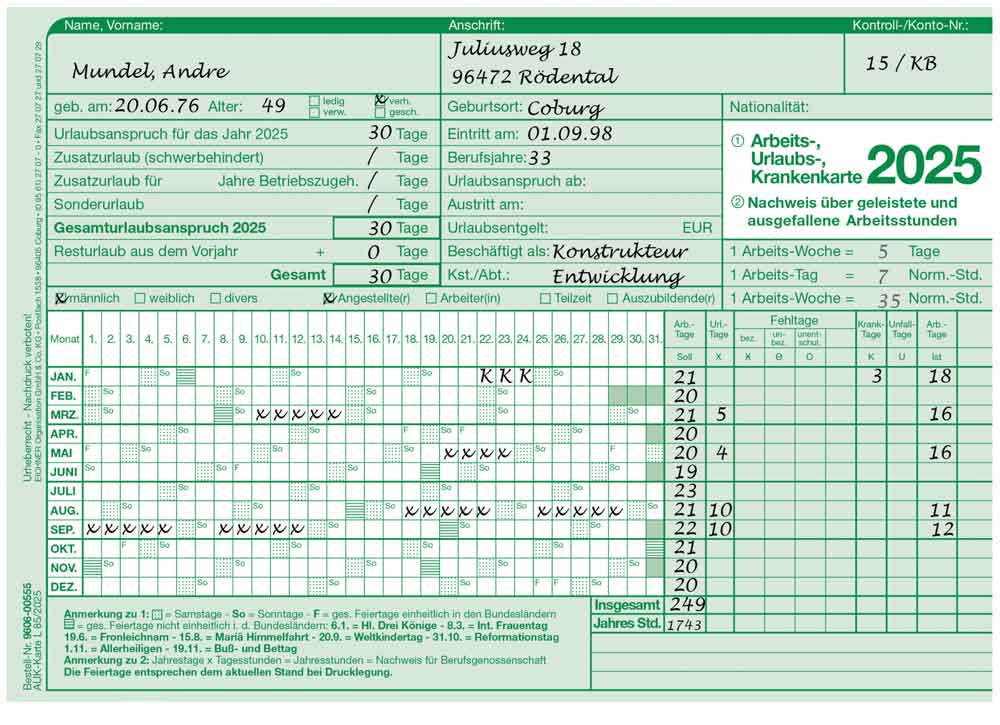 Arbeits-Urlaubs-Krankenkarte - drei Ausführungen