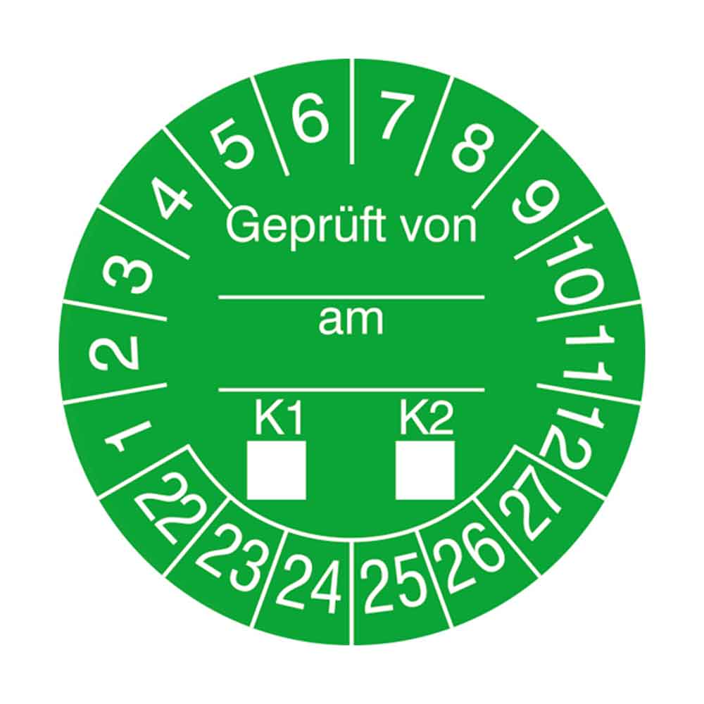 Prüfplakette auf Bogen - Geprüft von ... am ... K1-K2