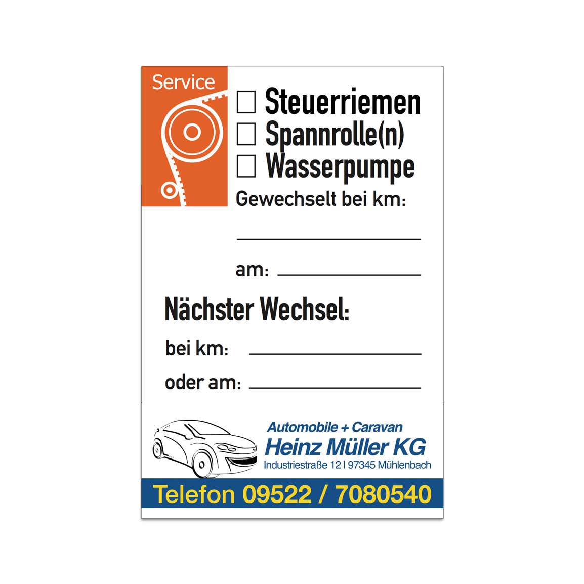 Service-Aufkleber - "Steuerriemen... Wasserpumpe" - mit Firmeneindruck - Hochformat