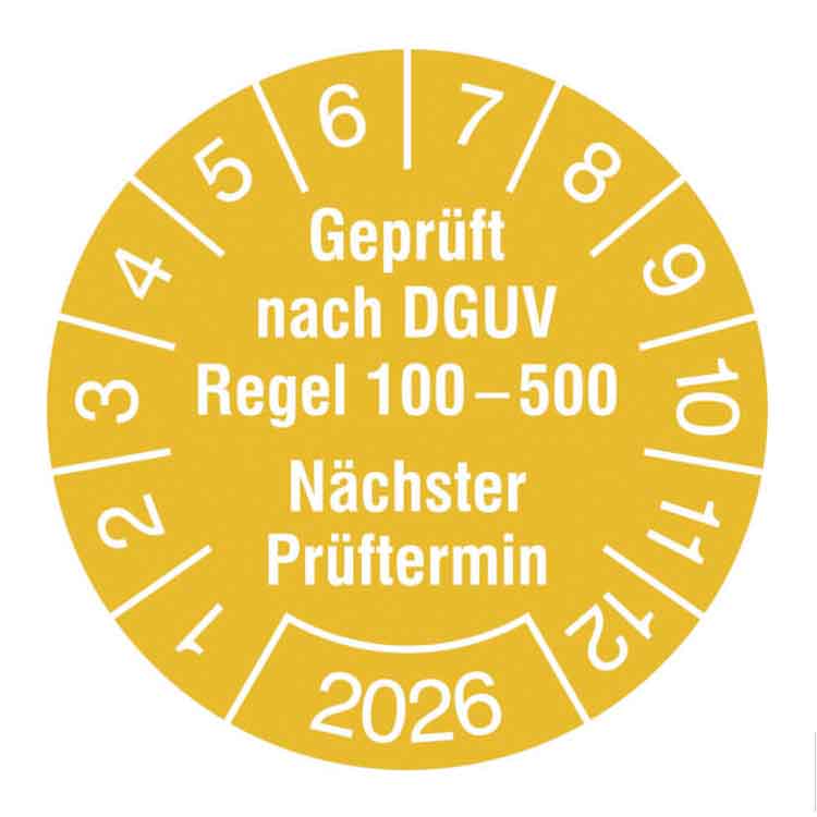 Prüfplakette - Geprüft nach DGUV Regel 100-500 - Nächster Prüftermin - in Jahresfarbe - Dokumentenfolie