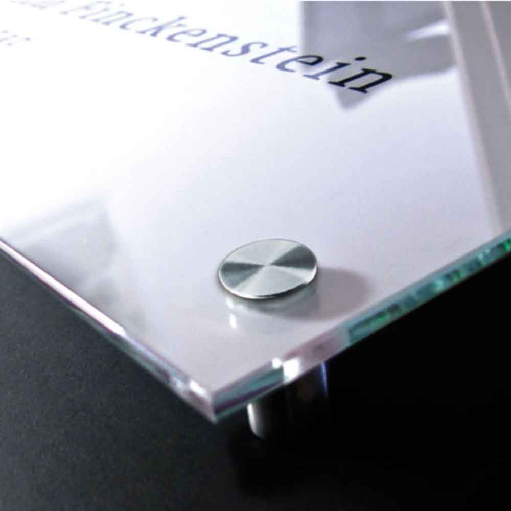 CRISTALLO Firmenschild Wegweiser - satiniert - rahmenloses Glasschild aus 1 x 8 mm Sicherheitsglas - Edelstahlhalter