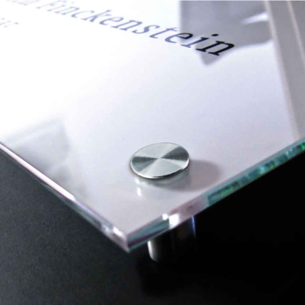CRISTALLO Firmenschild/Wegweiser - rahmenloses Glasschild aus 1 x 8 mm Sicherheitsglas CRISTALLO Firmenschild/Wegweiser - rahmenloses Glasschild aus 1 x 8 mm Sicherheitsglas