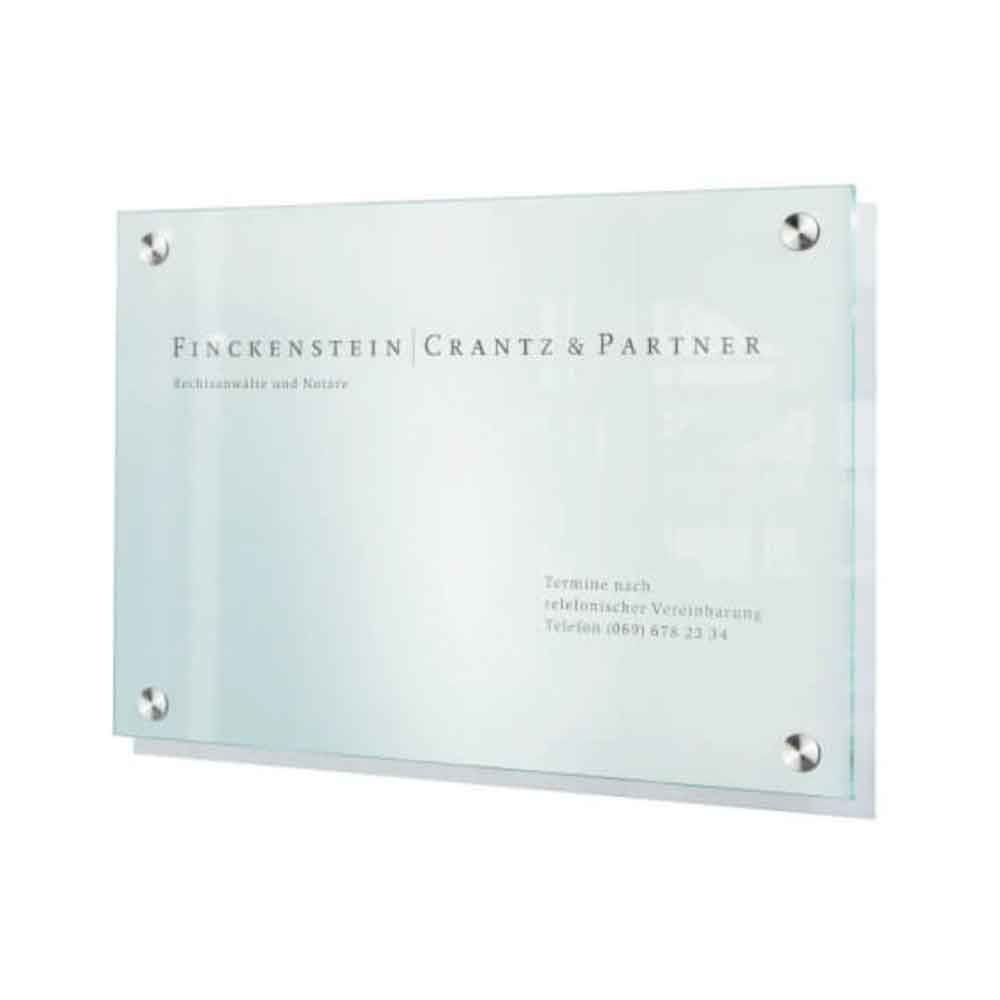 CRISTALLO Firmenschild - rahmenlos - aus 1 x 8 mm Sicherheitsglas - mit Edelstahlhalter - in 2 Größen