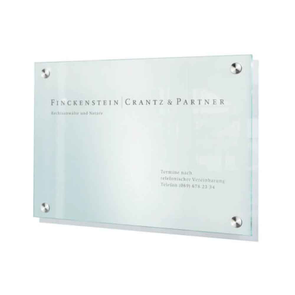 CRISTALLO Firmenschild - aus 1 x 8 mm Sicherheitsglas - mit Edelstahlhalter - in 2 Größen CRISTALLO Firmenschild - aus 1 x 8 mm Sicherheitsglas - mit Edelstahlhalter - in 2 Größen