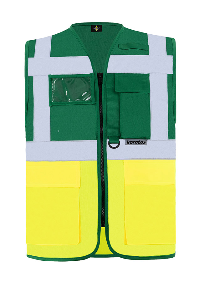 Korntex® Warnweste „Berlin“ - Multifunktional mit Taschen - Waldgrün/Signal-Gelb - XXL