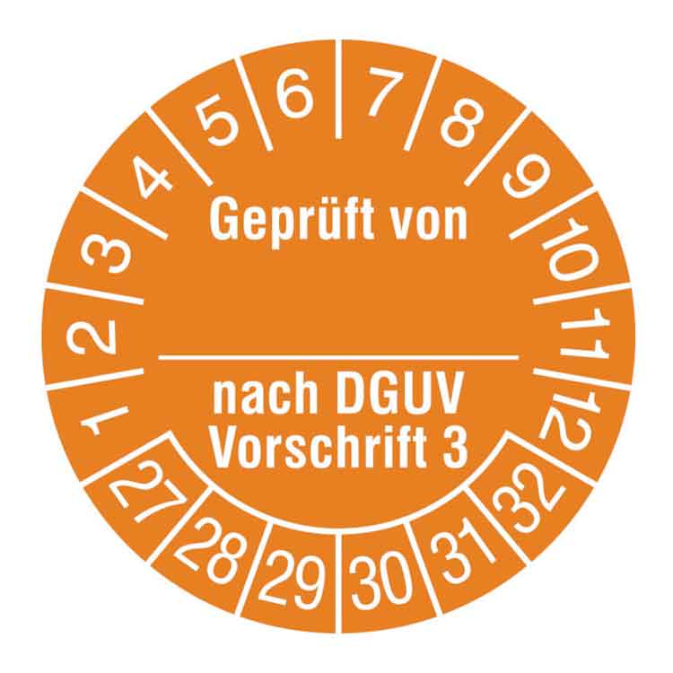 Prüfplakette - Geprüft von ... nach DGUV Vorschrift 3 - in Jahresfarbe - Dokumentenfolie