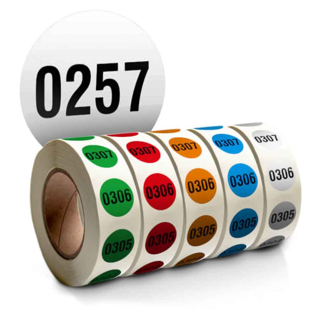 30-80-320-0-00-01-056-uebersicht-e491c4 Fortlaufend nummerierte Etiketten - Rolle - Zahlen: 0001-1000 - rund - 5 Farben