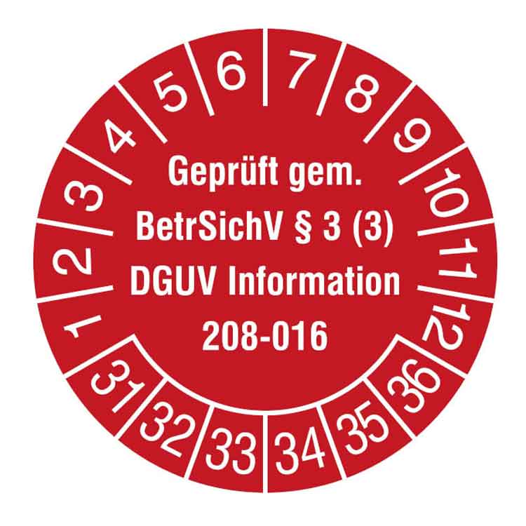 Prüfplakette - Geprüft gem. BetrSichV §3 (3) - DGUV Information 208-016 - in Jahresfarbe