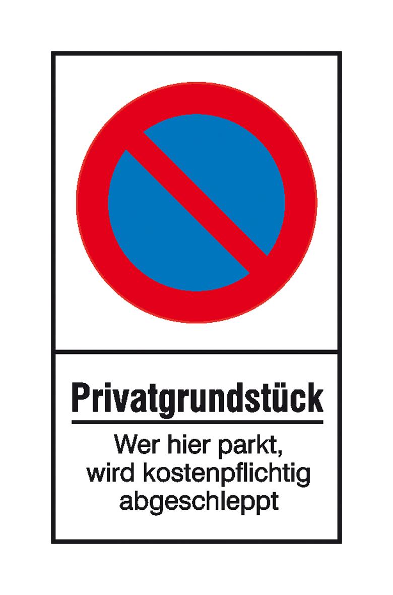 Haltverbot-Kombischild - Symbol: Eingeschränktes Haltverbot - Text: Privatgrundstück ...