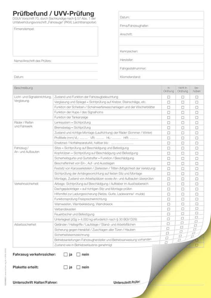 Prüfbefund / UVV-Prüfung DGUV - Vorschrift 70 - DIN A4