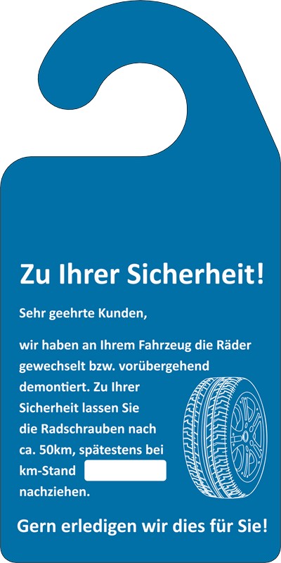 Kundendienst-Spiegelanhänger - "Radschrauben nachziehen"