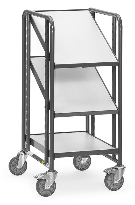 9381-385885 ESD-Eurokastenwagen - elektrisch leitfähig - 3 Etagenrahmen mit Holzwerkstoffplatten - für je 1 Eurokasten